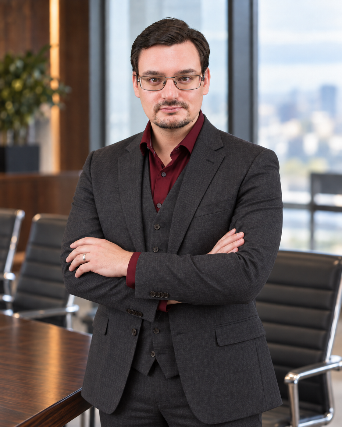 Dr. Benjamin DELSOL standing with arms loosely folded in a boardroom, wearing a charcoal three-piece suit and burgundy shirt