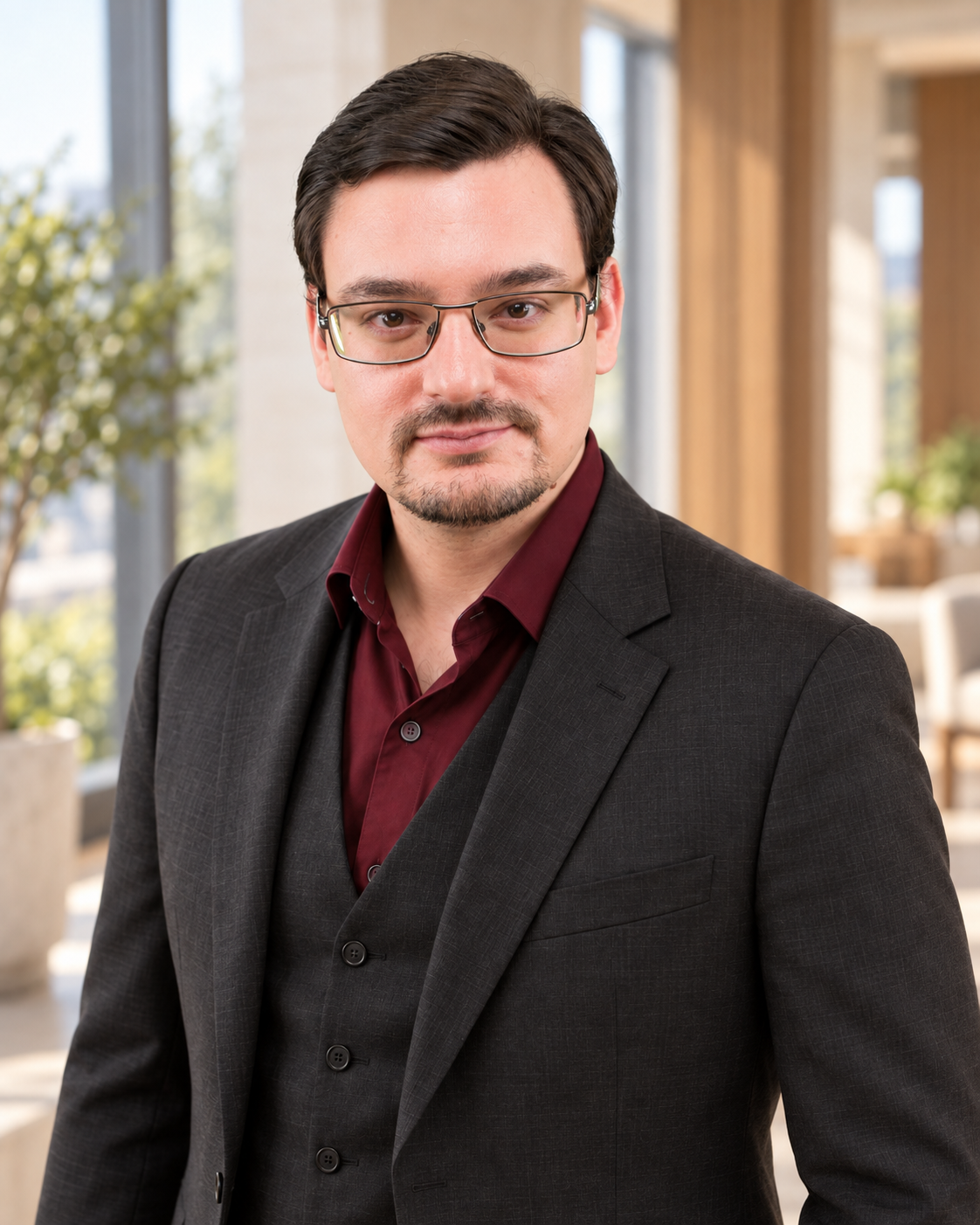 Portrait of Dr. Benjamin DELSOL in a charcoal three-piece suit and burgundy shirt, with a gentle smile in a softly lit interior
